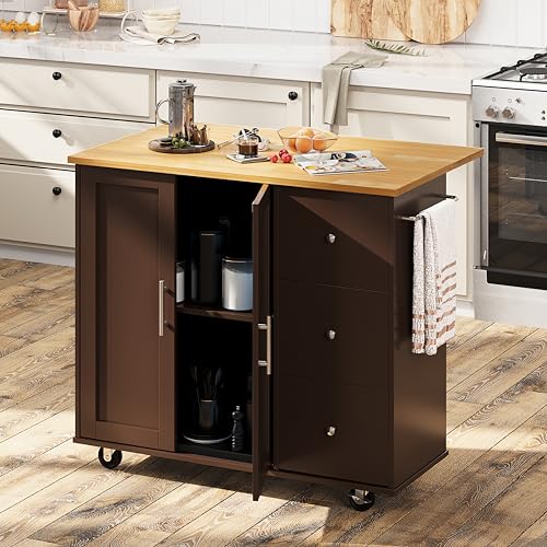 Shintenchi Rolling Kitchen Island Cart with Folding Drop Leaf Breakfast Bar, Portable Trolley Island with Large Storage Cabinet, Shelf and Drawer