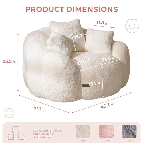 MAXYOYO Bean Bag Chair for Adults, Floral Shaped Bean Bag Sofa, Ultra Soft Faux Fur Floor Sofa, Large Reading Chair for Living Room Bedroom, Beige