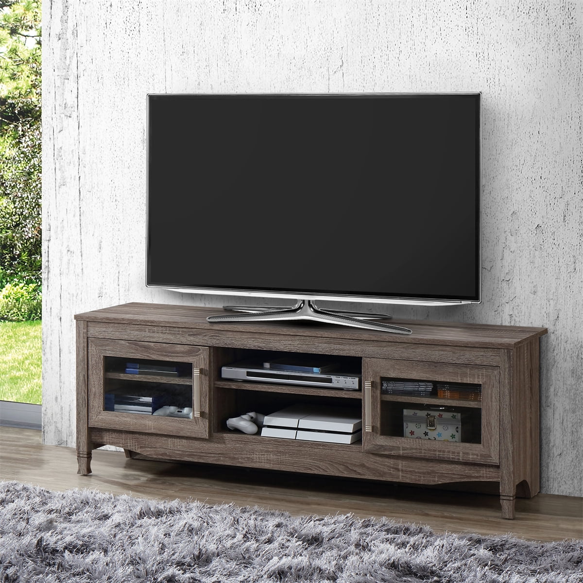 TV Stands up to 60 Inches, Farmhouse Entertainment Center with 2 Doors, Media Console Table Storage Cabinet for Living Room Bedroom, Grey Driftwood
