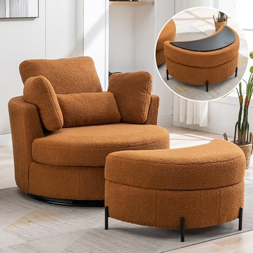 Aoiy & Wifon 42.2" W Oversized Swivel Barrel Chair with Ottoman, Upholstered Round Accent Chair with Storage Ottoman, Chenille, Beige