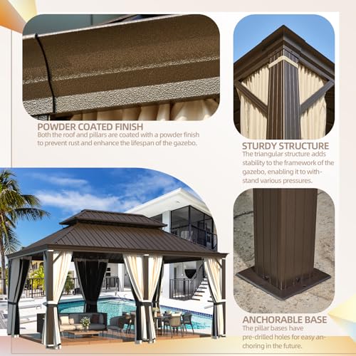 YOLENY 10' x 12' Hardtop Gazebo, Metal Gazebo with Aluminum Frame, Double Galvanized Steel Roof, Curtains and Netting Included