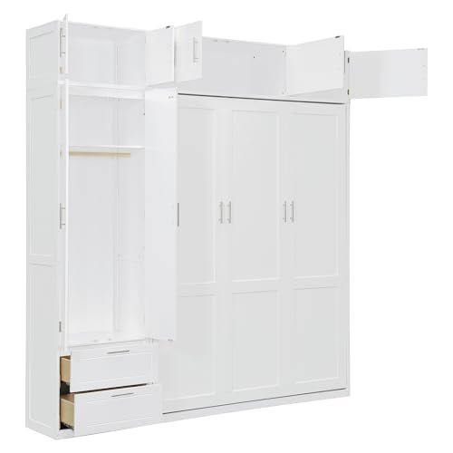 P PURLOVE Wood Twin Murphy Bed with Light and USB, Modern Wall Bed with Top Cabinet and Storage Shelves, Space Saving, No Box Spring Needed (Gray)