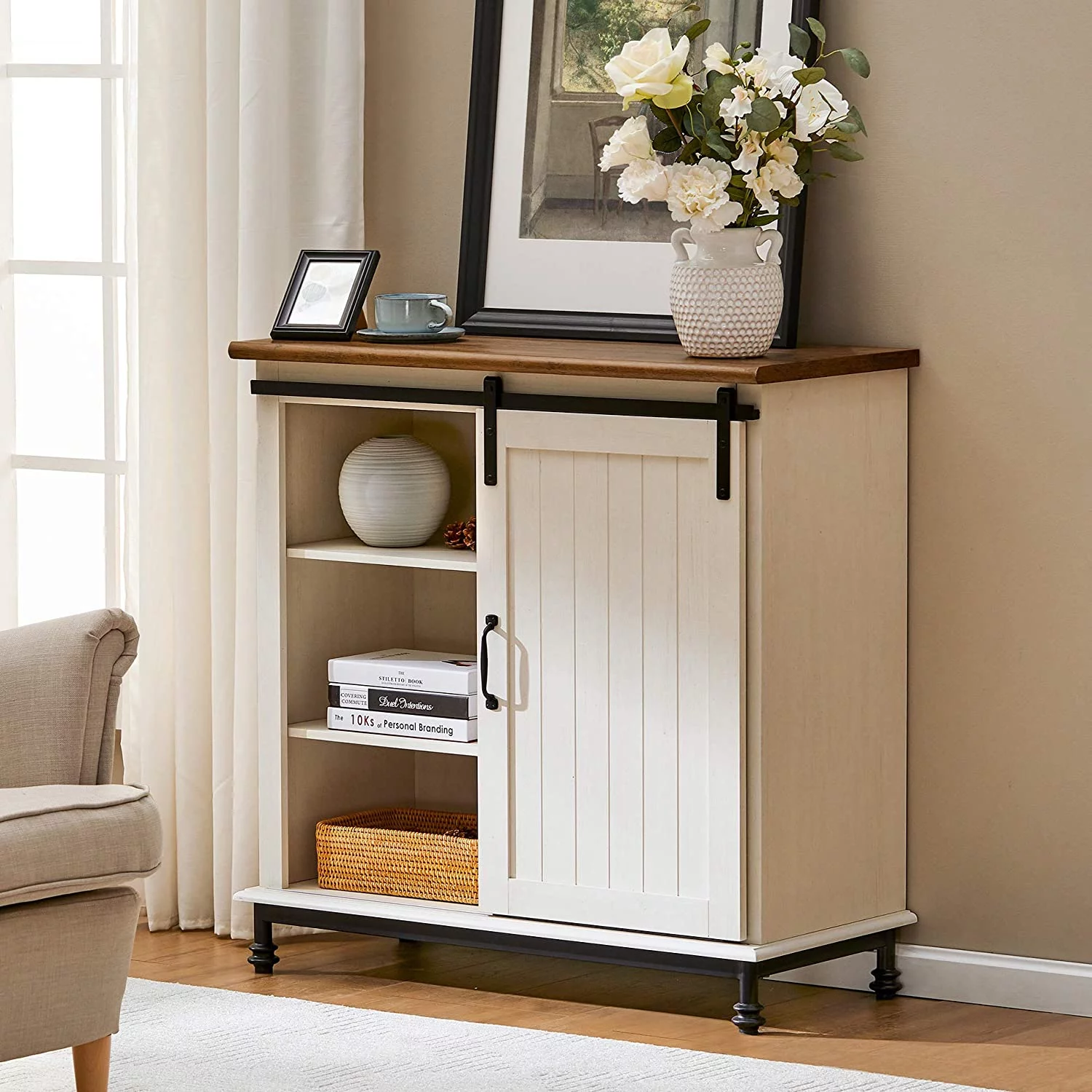 WAMPAT 70" Farmhouse TV Stand with Sliding Barn Door,LED Entertainment Center for Living Room, Storage Buffet Cabinet