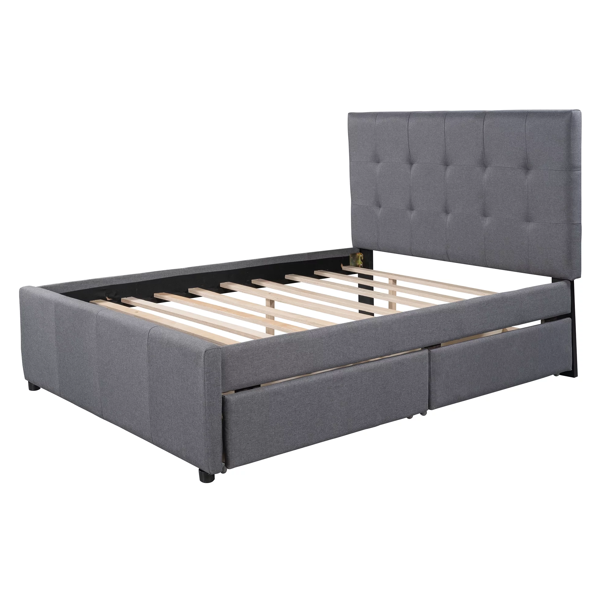 Euroco Upholstered Full Size Platform Bed with 2 Drawers for Kids Room, Solid Wood Daybed for Guests room, Gray