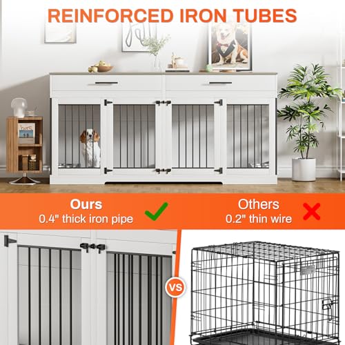 Rophefx 72" Dog Crate Furniture for 2 Dogs, Large Double Dog Kennel Indoor Furniture with 2 Storage Drawers and Removable Divider