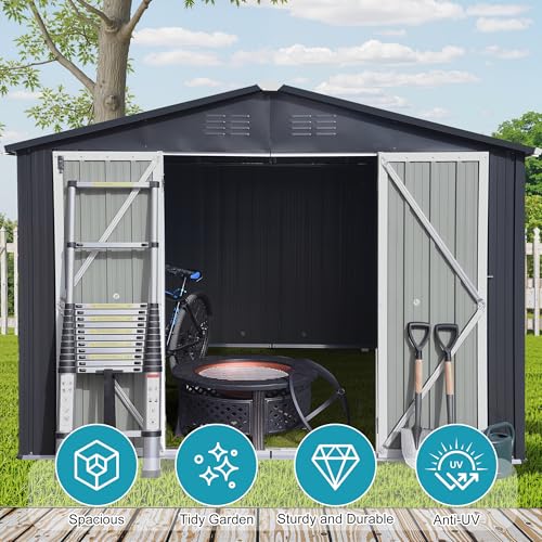 8x6 FT Outdoor Storage Shed, Metal Tool Shed with Lockable Doors, Peaked Roof & Frame Floor