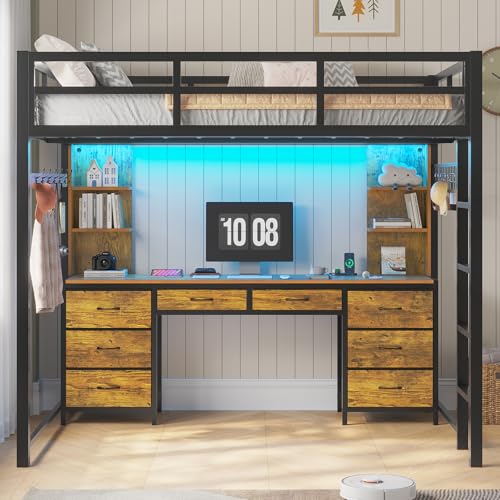 ADORNEVE Full Size Loft Bed with Desk and 8 Storage Drawers, Metal Loft Beds Full with LED Lights & Charging Sation