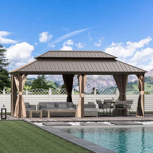 Domi 10’ x 10’ Hardtop Gazebo Metal Frame Canopy with Netting & Curtains