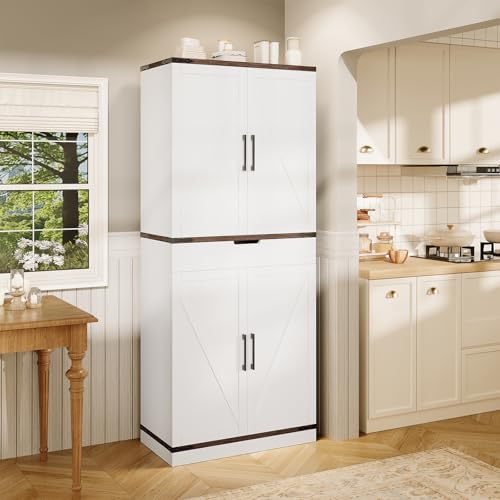 72" Tall Storage Cabinet, Kitchen Pantry Cabinet with Adjustable Shelves & Sturdy Steel Frame, Farmhouse Pantry Storage with 4 Barn Doors for Kitchen