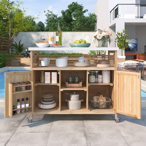 Farmhouse Kitchen Island with Power Outlet, Drop Leaf, Spice Rack and Drawer,Rolling Kitchen Cart on Wheels