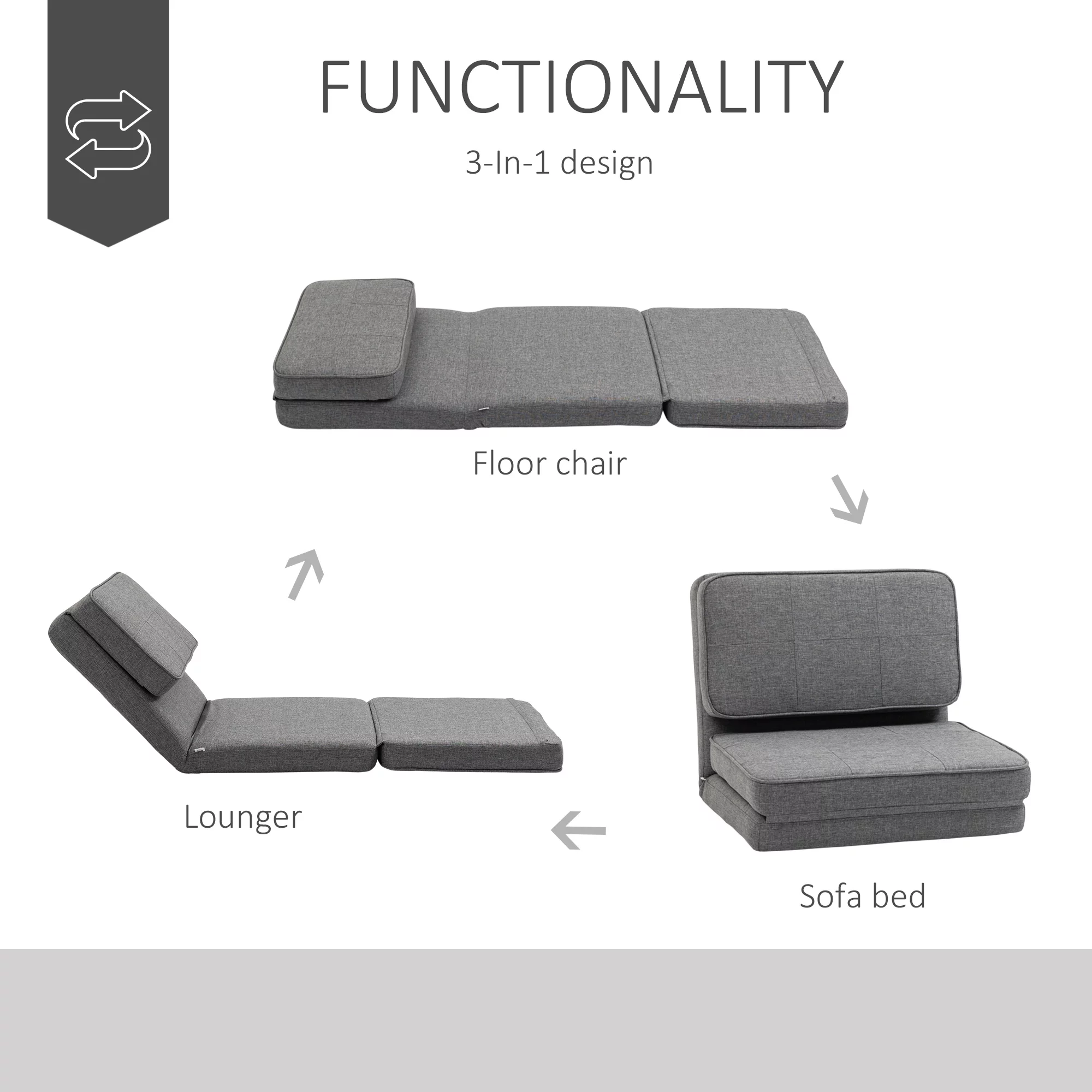 HOMCOM Convertible Flip Chair, Folding Upholstered Floor Sofa, Adjustable Guest Chaise Lounge, Dorm Bed with Metal Frame for Living Room and Bedroom