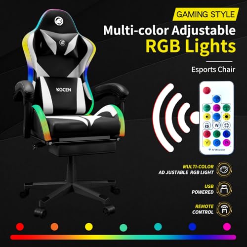 Gaming Chairs for Adults Tall and Kids，Lumbar Support,LED Lights，High Back Reclining Computer Chair with Headrest (Black+Blue)