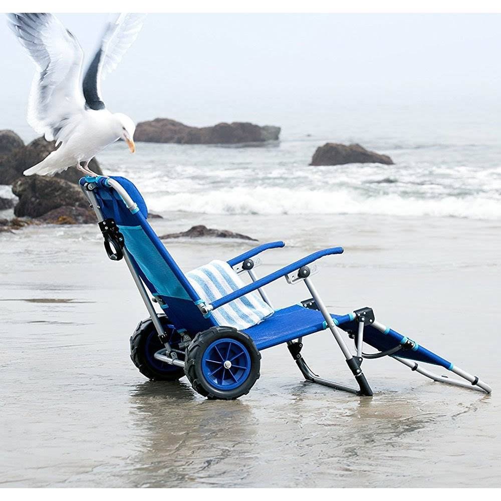 Mac Sports Beach Day Foldable Chaise Lounge Chair u0026 Integrated Pull Cart Combo, Blue