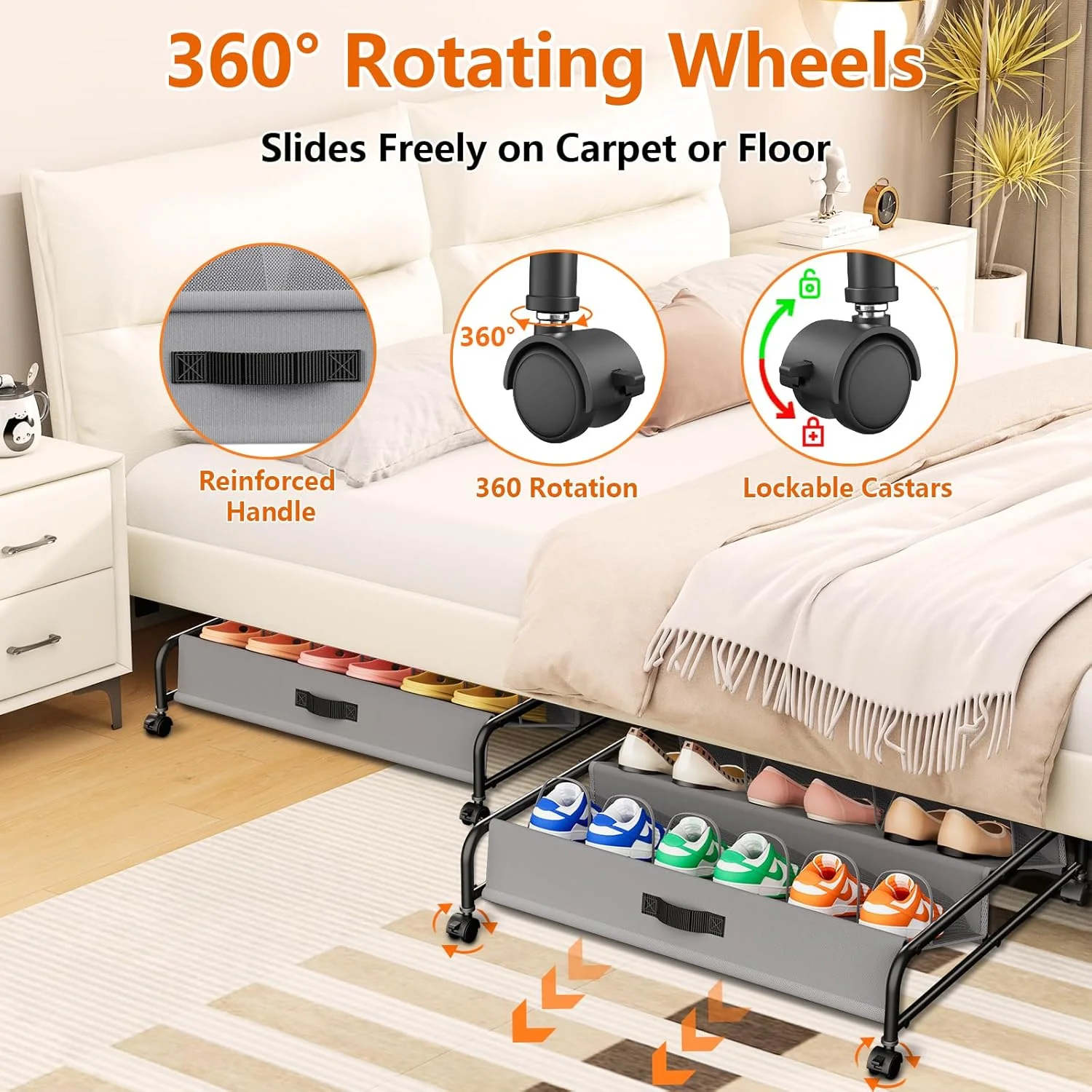 Under Bed Shoe Storage with Wheels, 2 Pack Rolling Under Bed Storage Containers for Shoes with Breathable Mesh Pockets