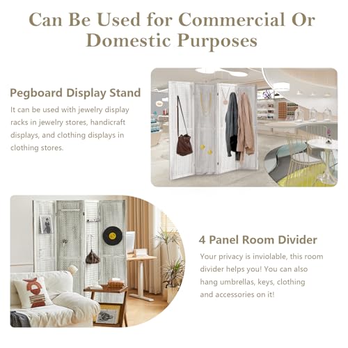 4 Panel Room Dividers and Folding Privacy Screens, 5.6Ft Wooden Pegboard Display, Privacy Dividers for Bedroom