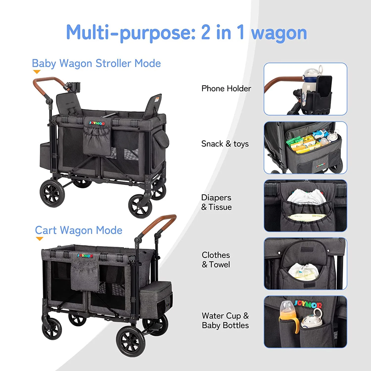 JOYMOR Double Pro Stroller Wagon for 2 Kids, Bus Seating,5 Point Harness for Unisex Infant Toddler