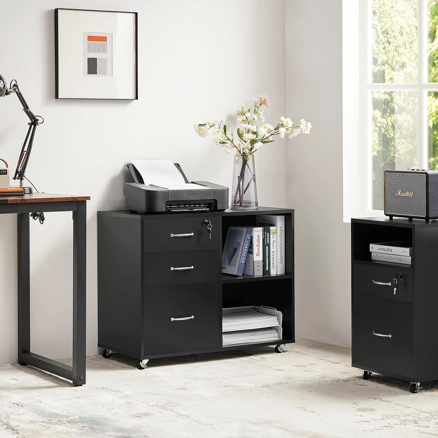 Black File Cabinet with Lock for Letter, A4 Size,3 Drawer Lateral Filing Cabinet Printer Stand with Open Storage Compartments