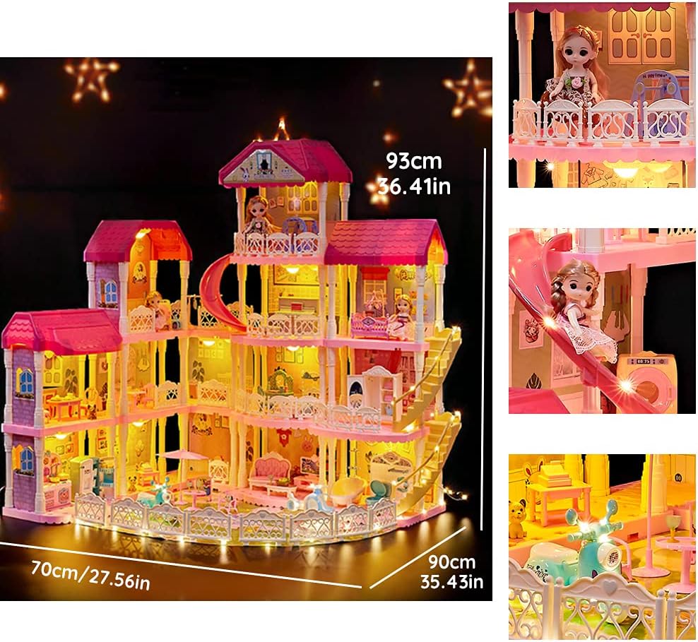 Dollhouse with Furniture Accessories 15 Rooms Pretend Play Doll House Pink Dreamhouse Movable Slides Stairs Pet & Dolls& Led Lights for Toddlers 1:12