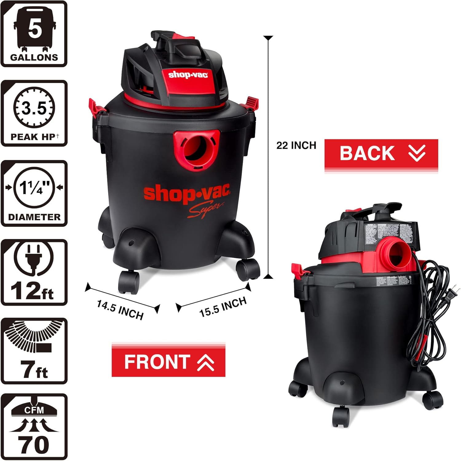 Shop-Vac 5 Gallon 3.5 Peak HP Wet/Dry Vacuum, Portable Heavy-Duty Shop Vacuum 3 in 1 Function with Attachments for House, Garage & Workshop