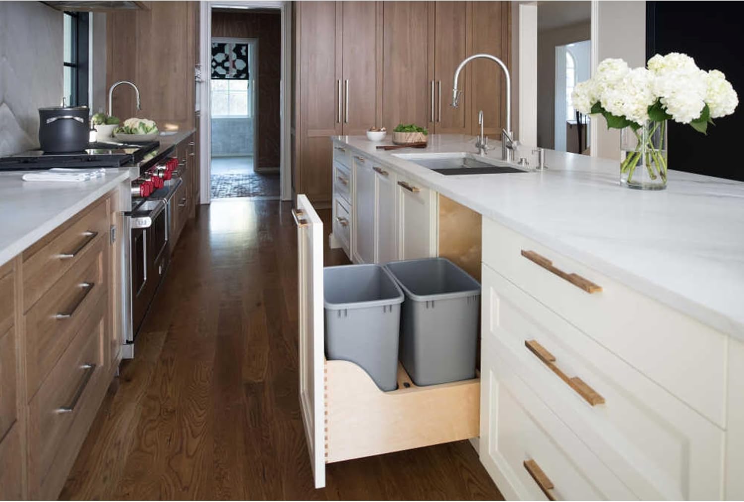 Rev-A-Shelf Pull Out Trash Can for Kitchen Cabinets 35 Qt 8.75 Gal Bottom Mounted, Undermount Soft-Close Slides, Silver, 4WCSC-1835DMND-2