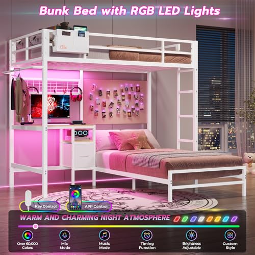 DICTAC Twin Over Twin Size Bunk Bed with Desk and Charging Station Metal Loft Bed with Led Lights & Storage Shelves and Drawers L-Shaped Bunk Bed for