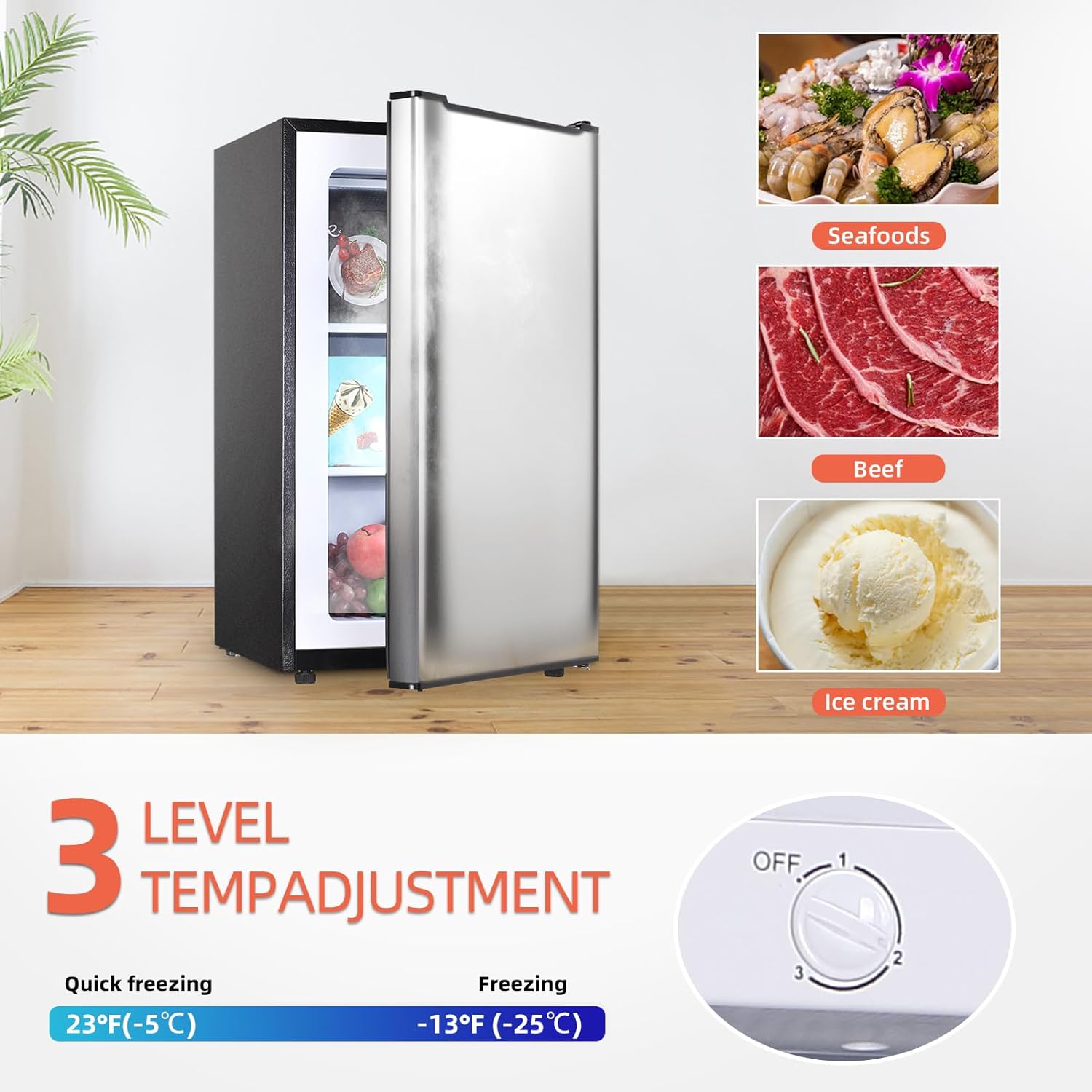 Upright Freezer with Reversible Single Door, 3.5 Cubic Feet Stainless Steel Compact Freezer