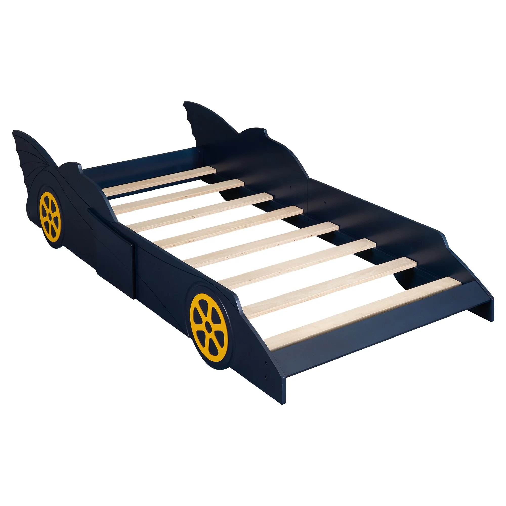 iRerts Race Car Shaped Twin Bed Frame, Wood Twin Platform Bed Frame for Kids Toddlers, Children Twin Size Platform Bed with Wheels, Wooden Slats
