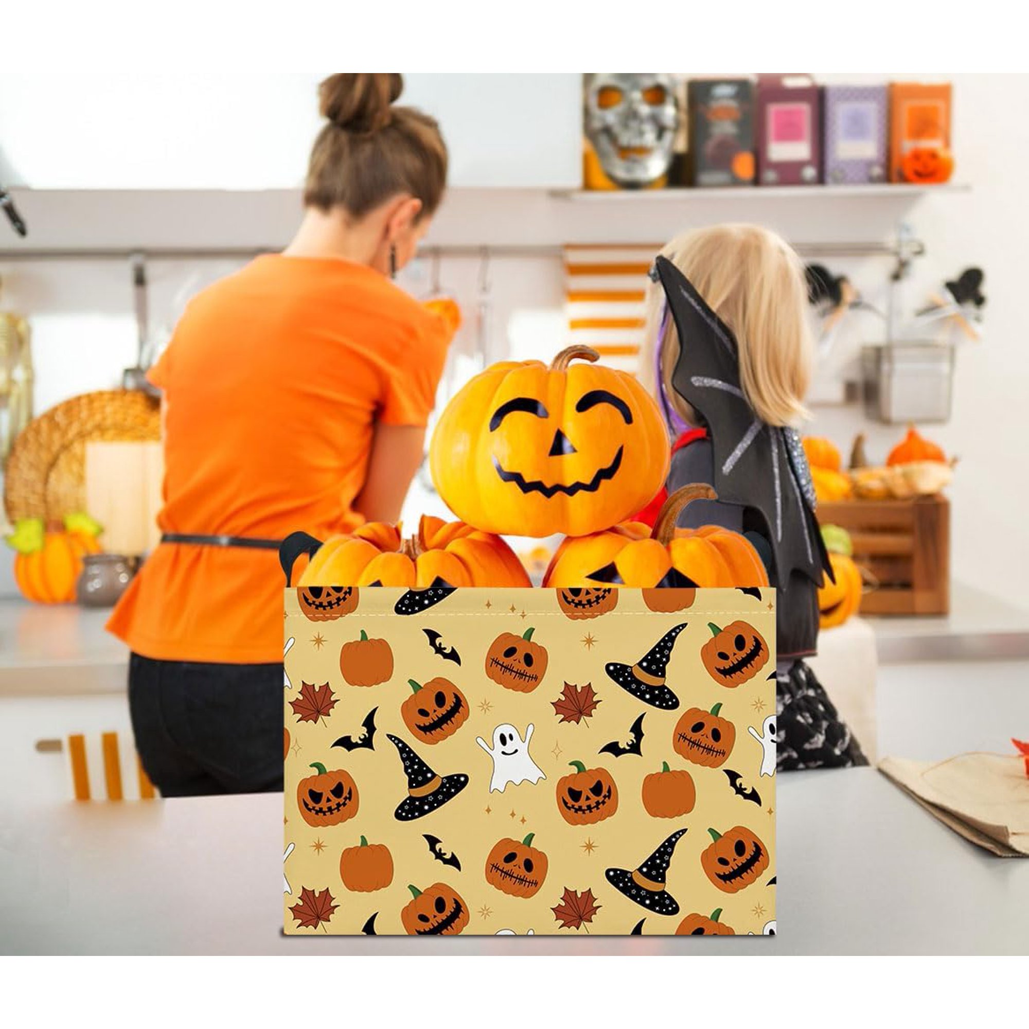 Rectangle Storage Basket with Handles,Collapsible Storage Bin,Books Box,Gift Basket(Pumpkin Halloween)