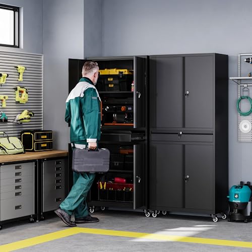 Letaya Metal Garage Storage Cabinet with Drawer,4 Door Tool Cabinet with Lock-2 Adjustable Shelves for Garage Home Office Utility Room (Black)