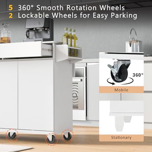 53.5''Farmhouse Kitchen Island with Power Outlet, Kitchen Storage Island with Drop Leaf, Spice Rack and Drawer, Rolling Kitchen Cart on Wheels