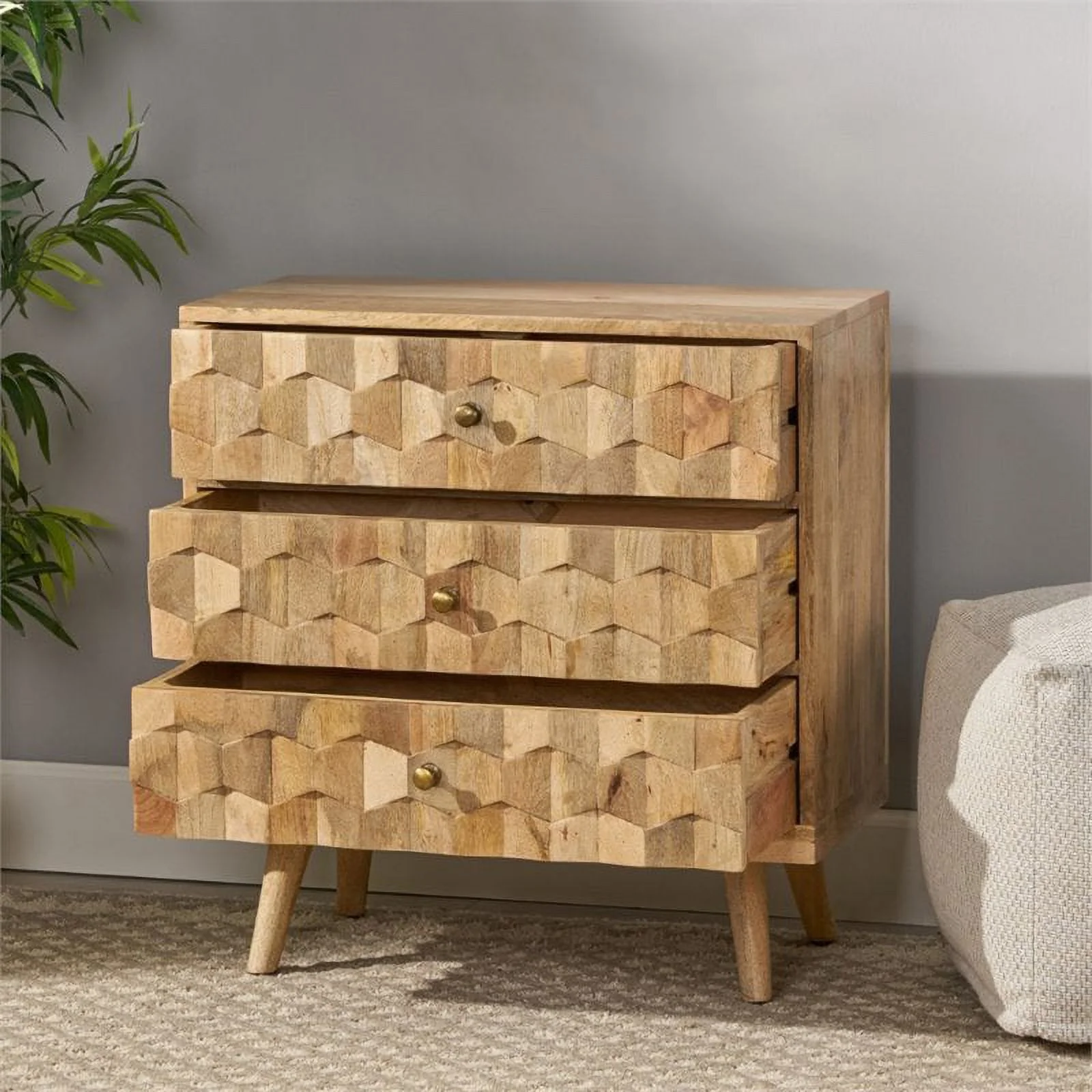Pemberly Row Mid-Century Modern Mango Wood 3 Drawer Chest in Natural