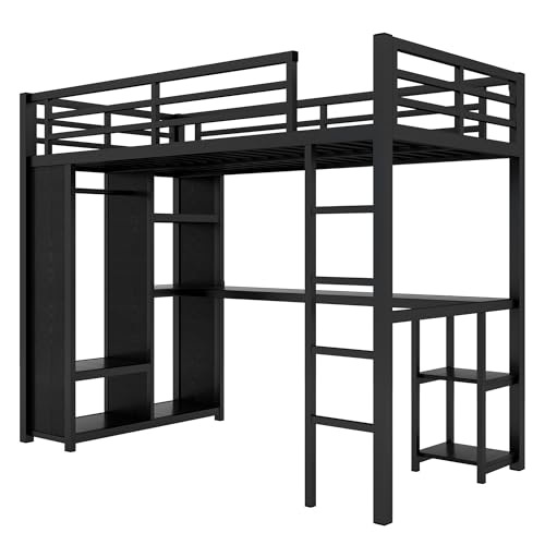 Queen Heavy Duty Metal Loft Bed with L-Shaped Desk, Wardrobe & 5 Storage Shelves – Space-Saving Design for Kids, Teens, Adults – CPC Certified