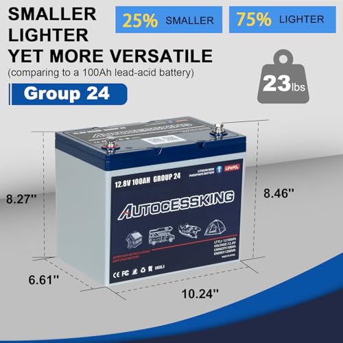 12V 100Ah BCI Group 24 LiFePO4 Battery, 100A BMS Rechargeable Mini Lithium Battery with Low-Temp Protection, Up to 15000 Cycles Perfect for RV