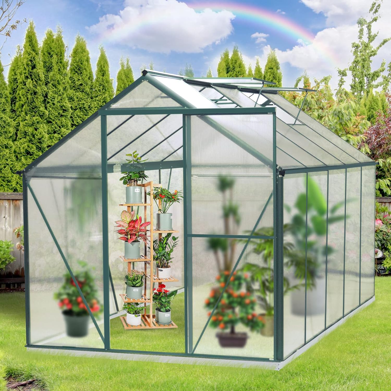 2021 Upgraded 6'x8' Hobby Greenhouse, Polycarbonate Aluminum Green House w/ Window for Winter,Heavy Duty Greenhouses Kit for Outdoor Use