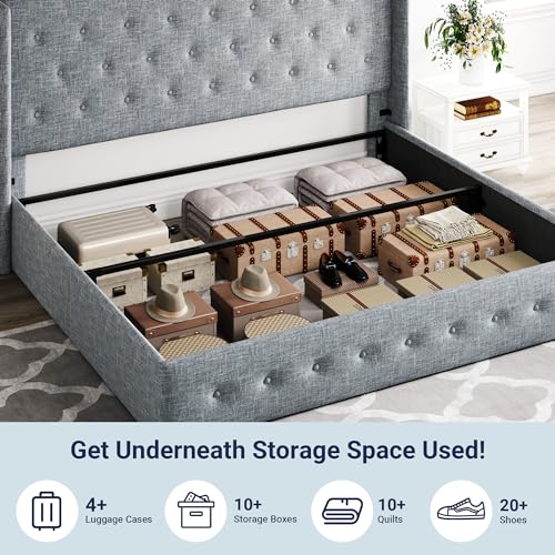 Allewie Full Size Lift Up Storage Bed, Modern Wingback Headboard, Hydraulic Support, No Box Spring Needed, Light Beige