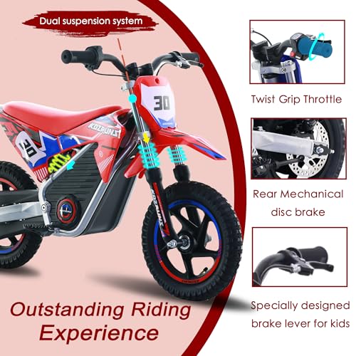 OLALA 36V Electric Dirt Bike for Kids Aged 4-8, Brushless 350W Racing Grade Electric Motorcycle, Up to 18.6MPH & 3 Speed Settings, Dual Disc Brakes