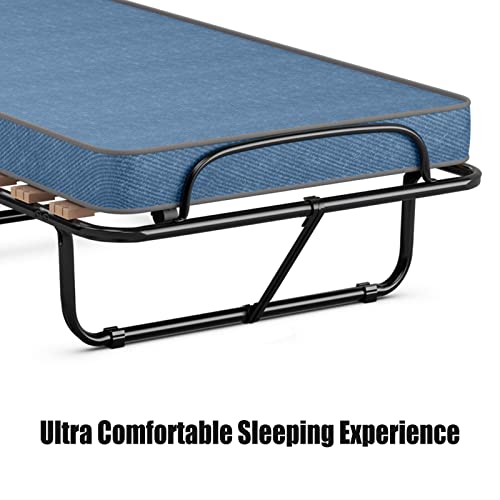 Giantex Folding Bed with 3" Mattress for Adults, Made in Italy, Rolling Foldaway Guest Bed, Memory Foam Mattress, Sturdy Metal Frame