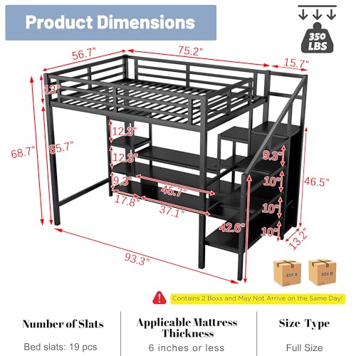 Queen Loft Bed with L-Shaped Desk and Stairs,Metal Queen Size LoftBed with Wardrobe and Adjustable Shelf, Gaming Bed with LED and USB
