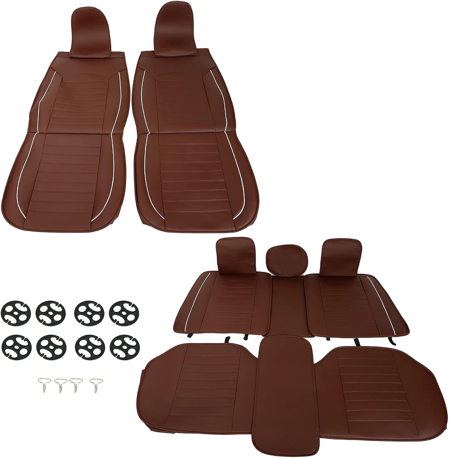 TYFYB Universal 5 Seats Wearproof PU Leather Car Seat Cover Full Set Seat Pad Protector Set Front + Rear Cushions w/Pillows Black/Beige