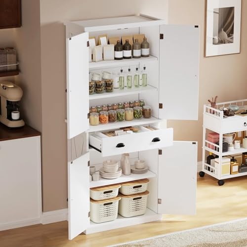 YITAHOME 72'' Tall Kitchen Pantry Cabinets, Farmhouse Storage Cabinets with Barn Doors, Drawer ＆ Adjustable Shelves