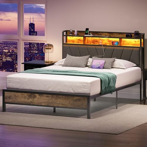 Full Bed Frames, Metal Bed Frames with Charging Station, LED Lights Bed Frames with Upholstered Storage Headboard, Sturdy and Noise-free