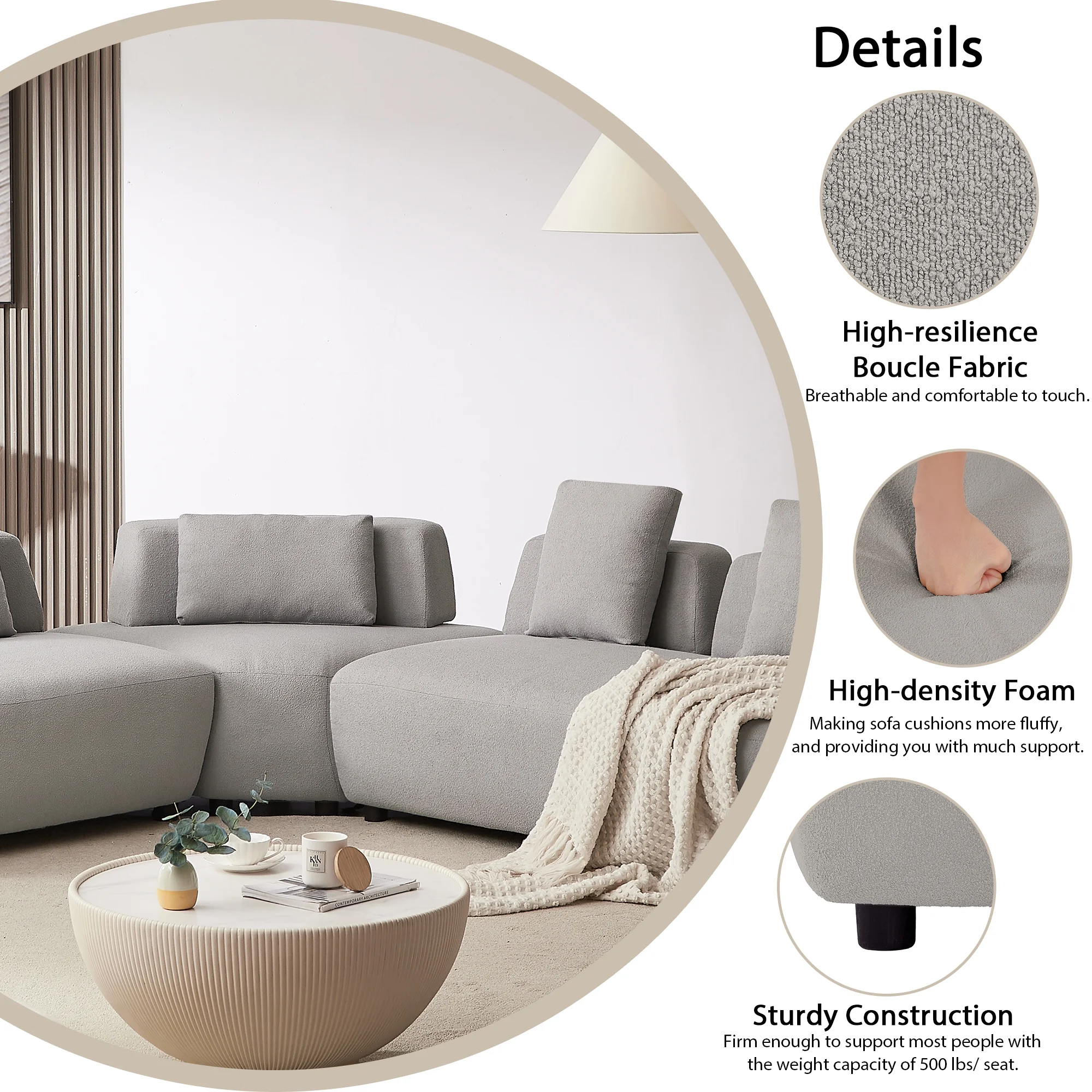 Soges Modern 3-piece Sectional Sofa Free Convertible Sofa with 4 Pillows for Living Room, Gray