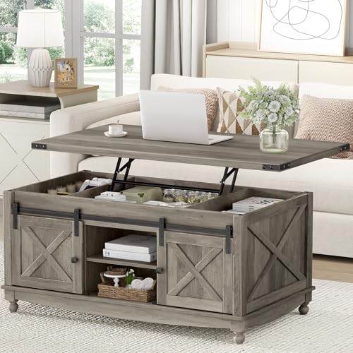 48" Farmhouse Lift Top Coffee Table with Storage Sliding Barn Door & Large Hidden Compartment