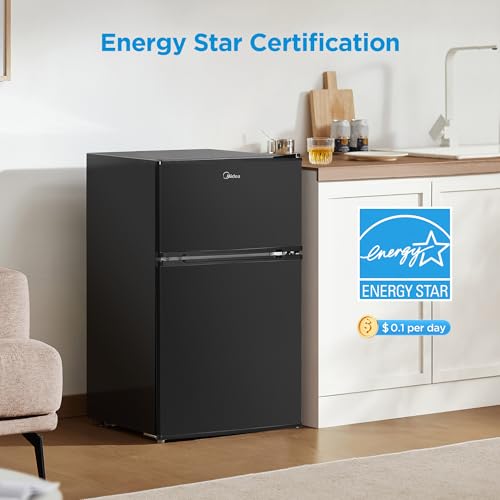 Midea WHD-113FB1 Double Door Mini Fridge with Freezer for Bedroom Office or Dorm with Adjustable Remove Glass Shelves Compact Refrigerator, 3.1 cu ft
