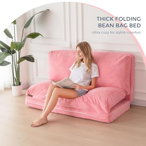 MAXYOYO Bean Bag Bed Folding Sofa Bed Floor Mattress for Adults, Extra Thick and Long Floor Sofa with Corded Washable Cover, Dark Grey, 30x95 Inch