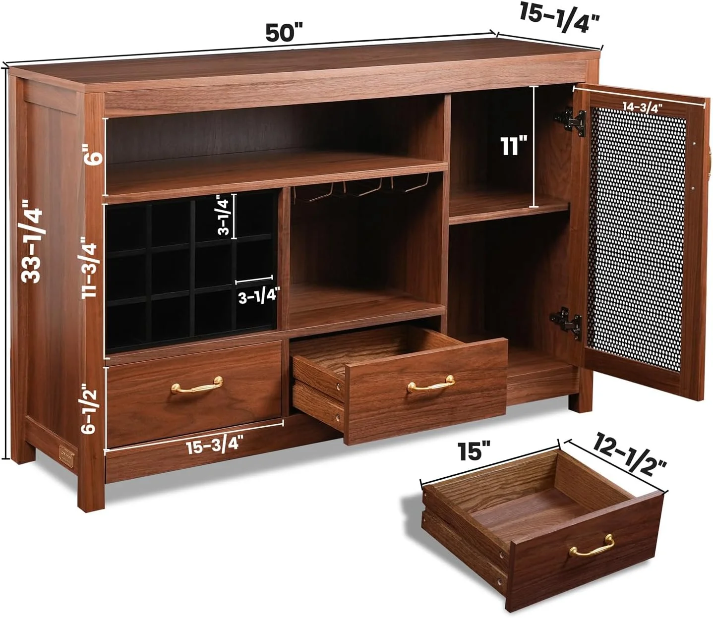 CONSDAN Bar Cabinet with Storage and Large Drawer, Solid Walnut Hardwood Structure Sideboard, Buffet Cabinet with Wine and Glass Rack