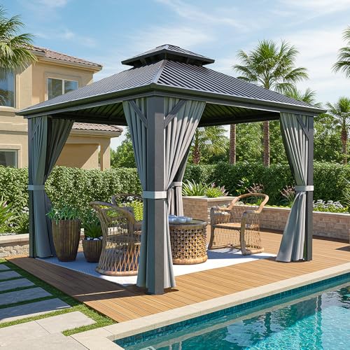 10x10 FT Gazebo Hardtop Gazebo Aluminum Pergola with Aluminum Frame, Double Galvanized Steel Roof