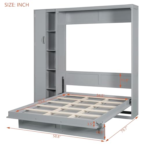 Harper & Bright Designs Queen Size Murphy Bed Wall Bed with Storage Shelves, Wardrobe and LED Lights