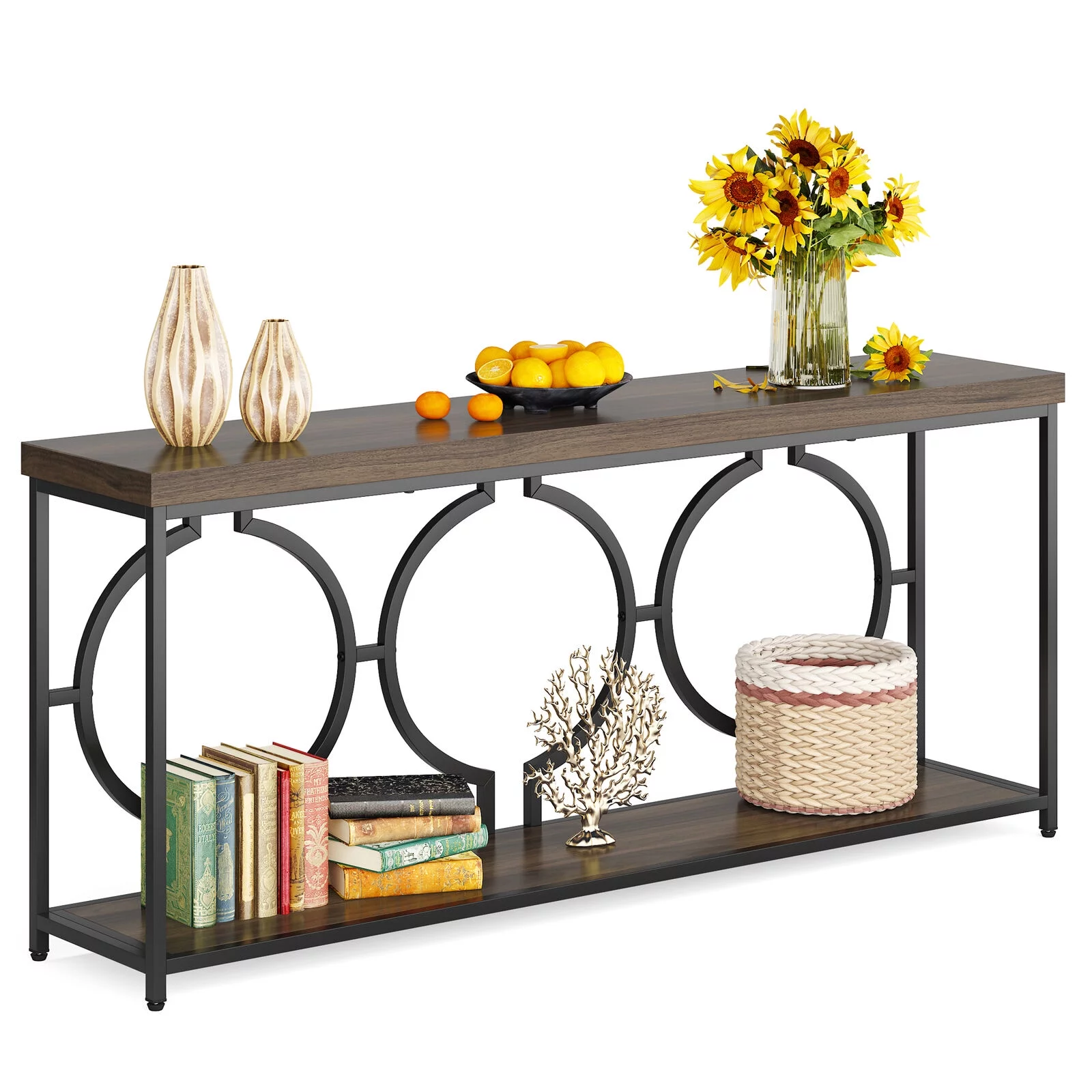 Tribesigns 70.9" Extra Long Console Table, Behind Sofa Couch, 2 Tier Entryway Table for Living Room Hallway, Rustic Brown & Black