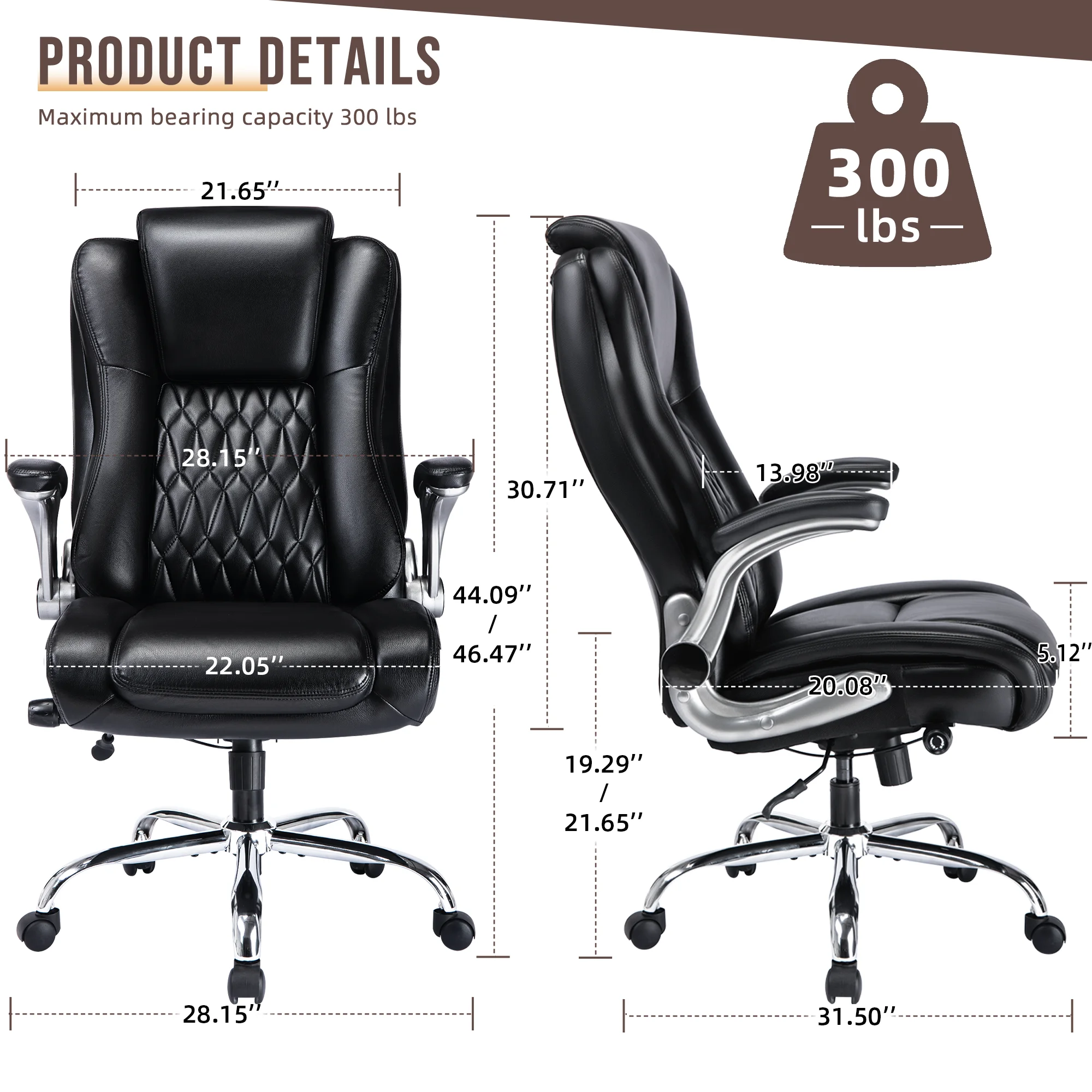 FOAUUH High Back Office Chair with Lifting Headrest, Adjustable Built-in Lumbar Support, Flip Arms